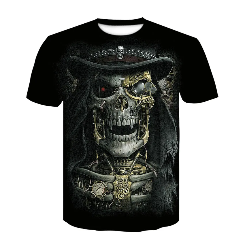 Camiseta de manga corta con estampado 3D de calavera para hombre, camiseta de secado rápido con cuello de personalidad, ropa de moda, Verano