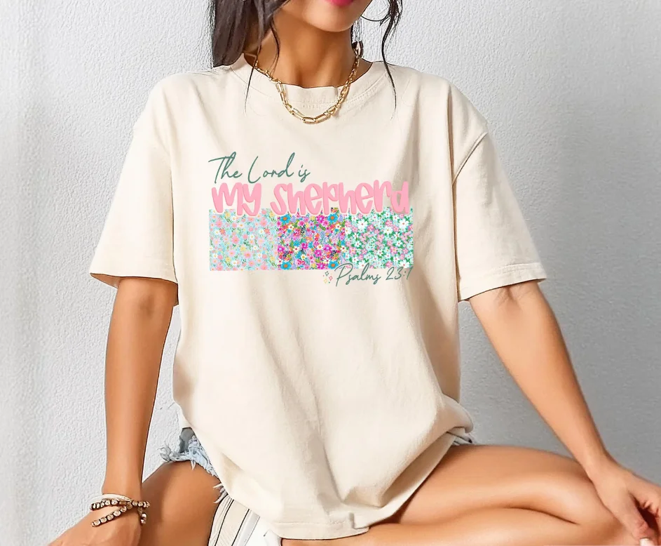 2026 Summer Women's Vintage The Lord Is My Shepherd T-Shirt Unisex Cotton and Breathable Short Sleeve Oversized Loose Casual