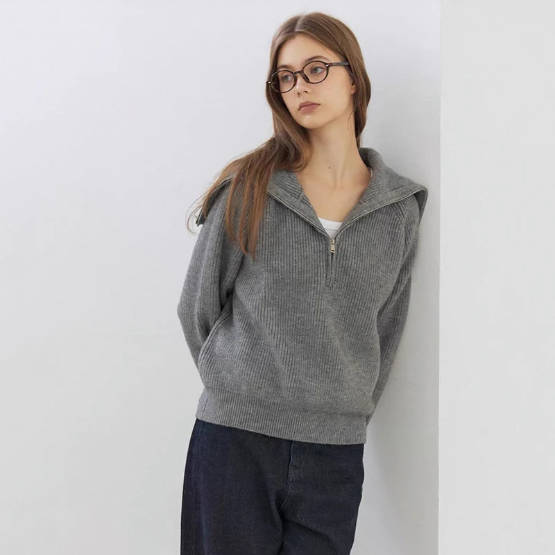 Vintage Lapel Zipper Knit Sweater for Women Autumn Thick Loose Casual Gray Pullover Female Korean Long Sleeve Simple Jumpers