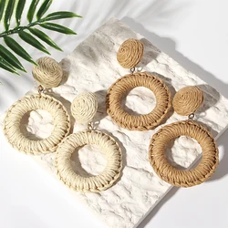 AENSOA Handmade Rattan Knit Round Drop Earrings for Women Bohemian Geometric Circle Dangle Earrings Summer Beach Jewelry