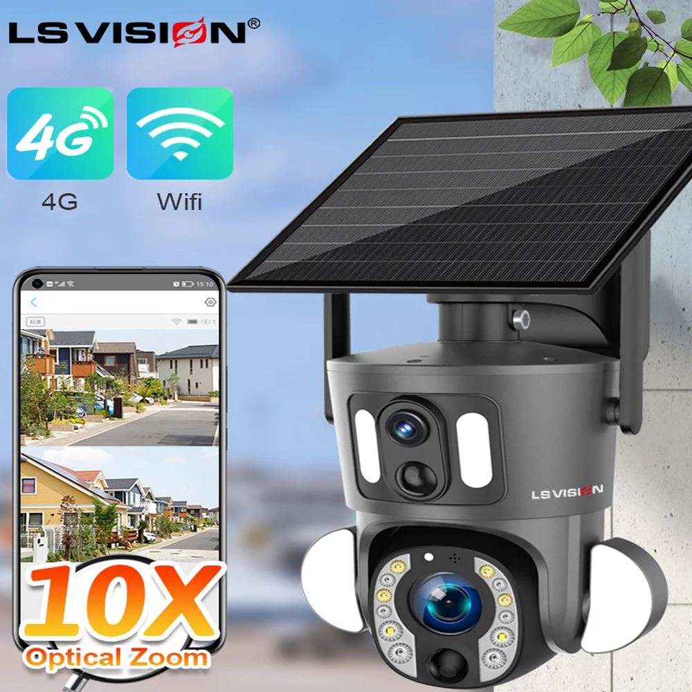 

LS VISION 4K 8MP Solar Powered Camera Outdoor Dual Screen Surveillance Cctv Camera 4g Wireless Dual PIR Detection Auto Tracking