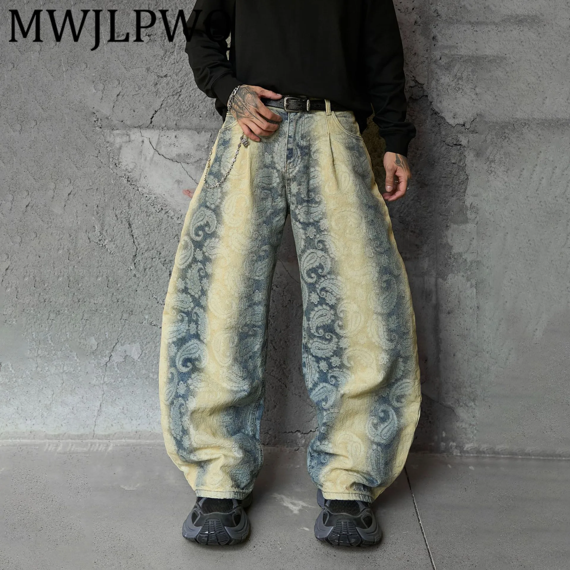 

MWJLPWQ Мужские джинсы с жаккардовым градиентом в американском стиле RO, потертые джинсы High Street, новые широкие брюки Machete, осень 2023, 21343