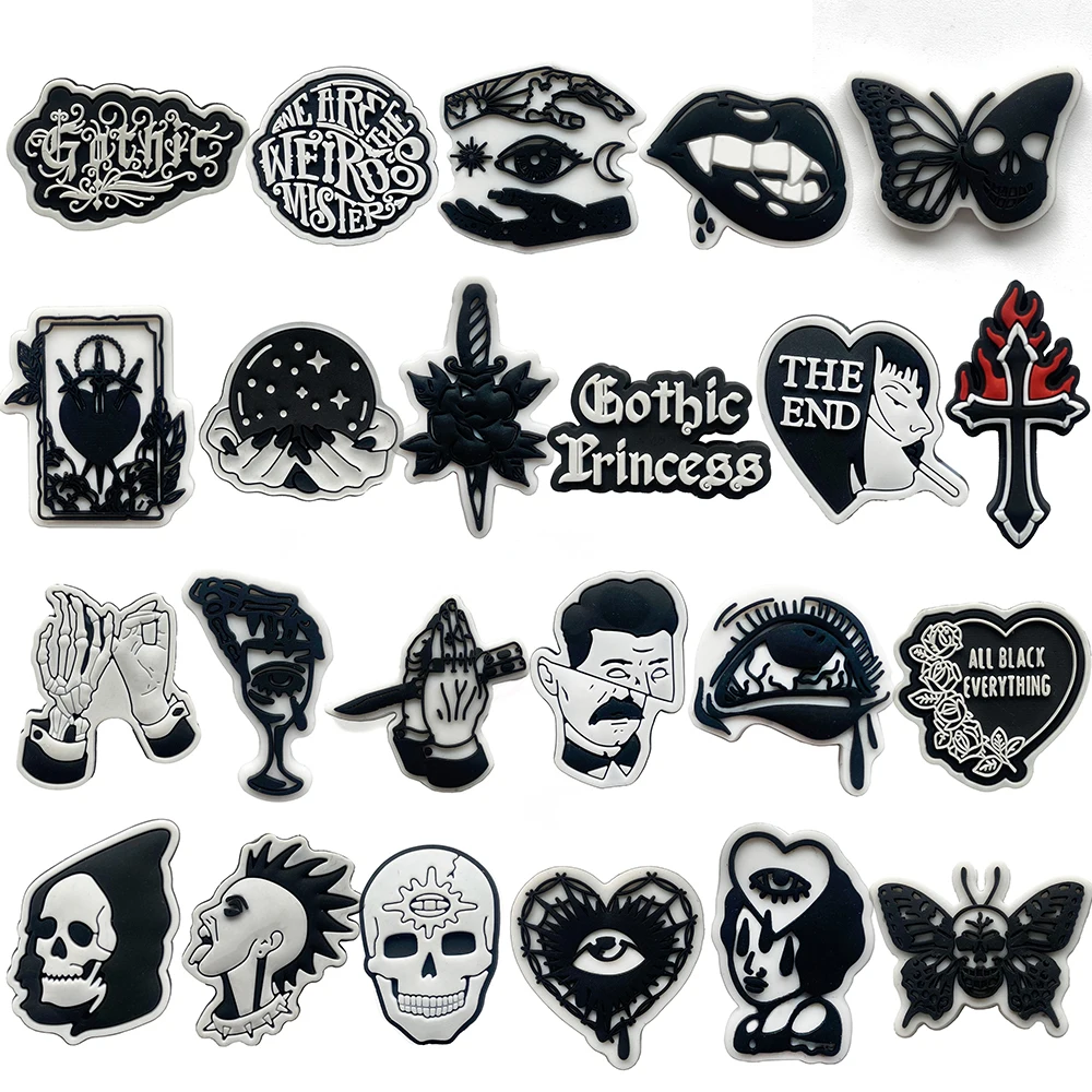 23pcs Black and White Gothic Series Shoes Charms For Bubble Slides Clogs Sandals,PVC Shoe Decorations Accessories Buckle