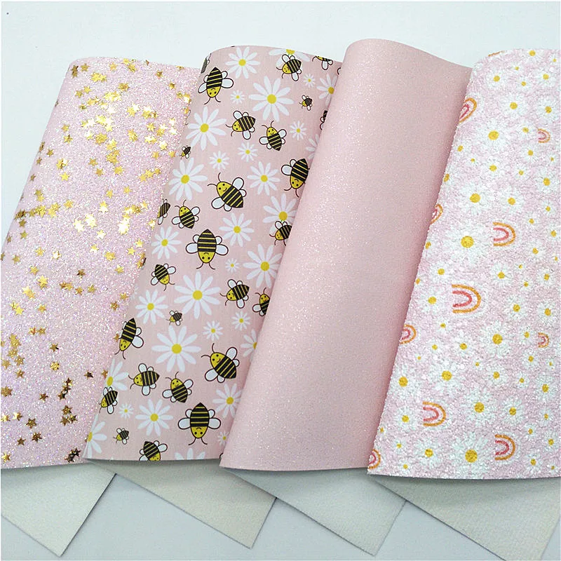 Daisy Rainbow Printed Chunky Glitter Leather Bees Synthetic Leather Stars Vinyl Leather Sheets For Bows DIY 21x29CM Q883