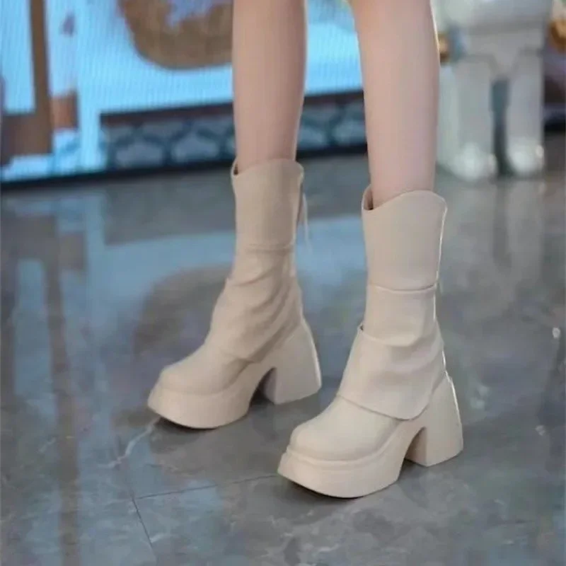 2024 outono inverno sapatos femininos botas curtas de couro para mulheres dedo do pé redondo botas de salto grosso com zíper botas de tornozelo feminino salto plataforma