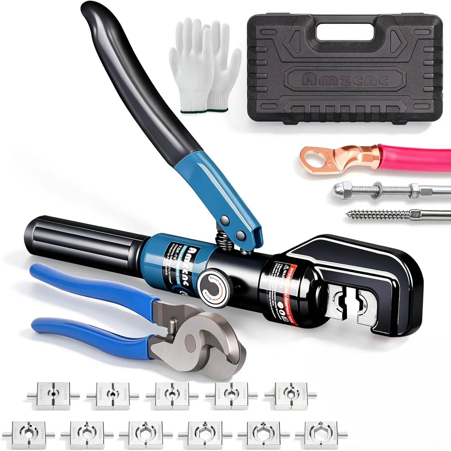 10-Ton Hydraulic Battery Cable Crimping Tool, 12AWG–4/0AWG, 11 US Hex Dies, for Electrical Lugs, with Cutter and Storage Case