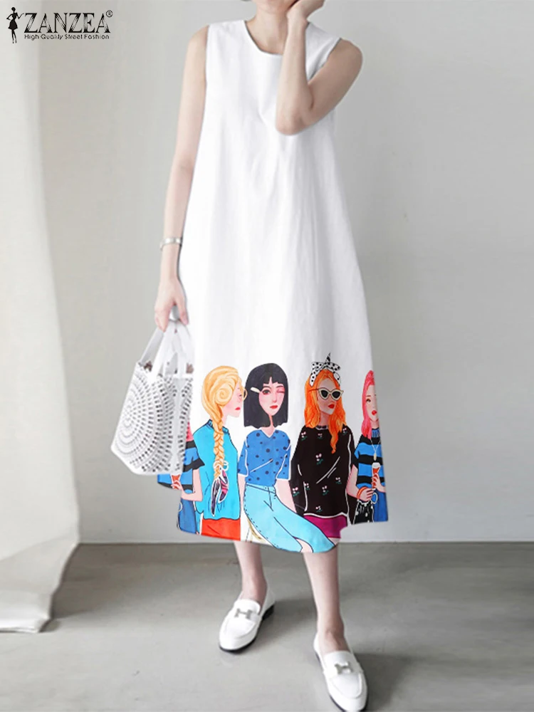 

ZANZEA Casual Loose Pocket Dress Women Cartoon Print Tank Robe 2024 Summer Sleeveless Dresses Fashion Round Neck Long Vestido