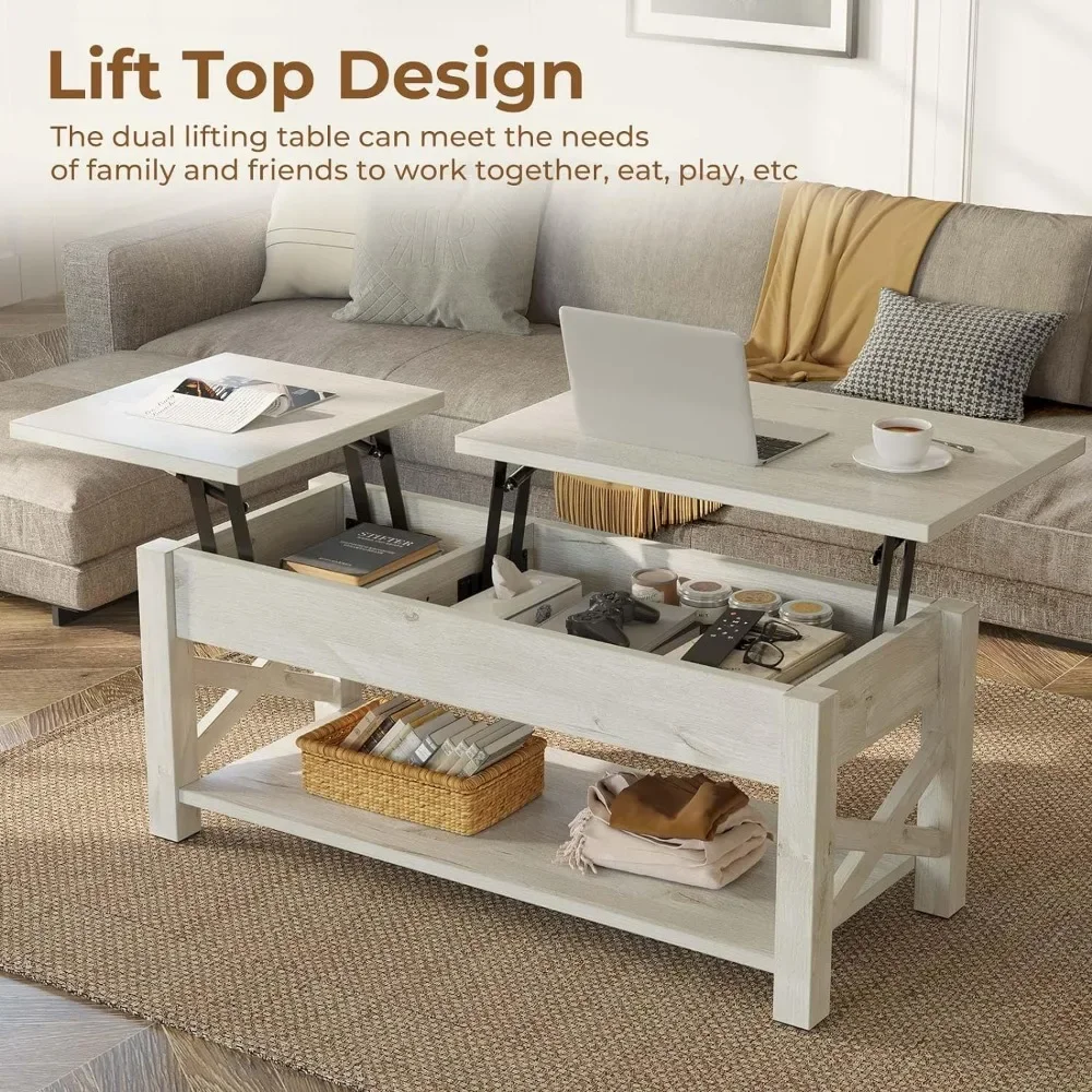 Coffee Table 47.2", 2 Way Lift Top Farmhouse Center Table with Hidden Compartment, Open Shelf & X Wooden Support for Living Room