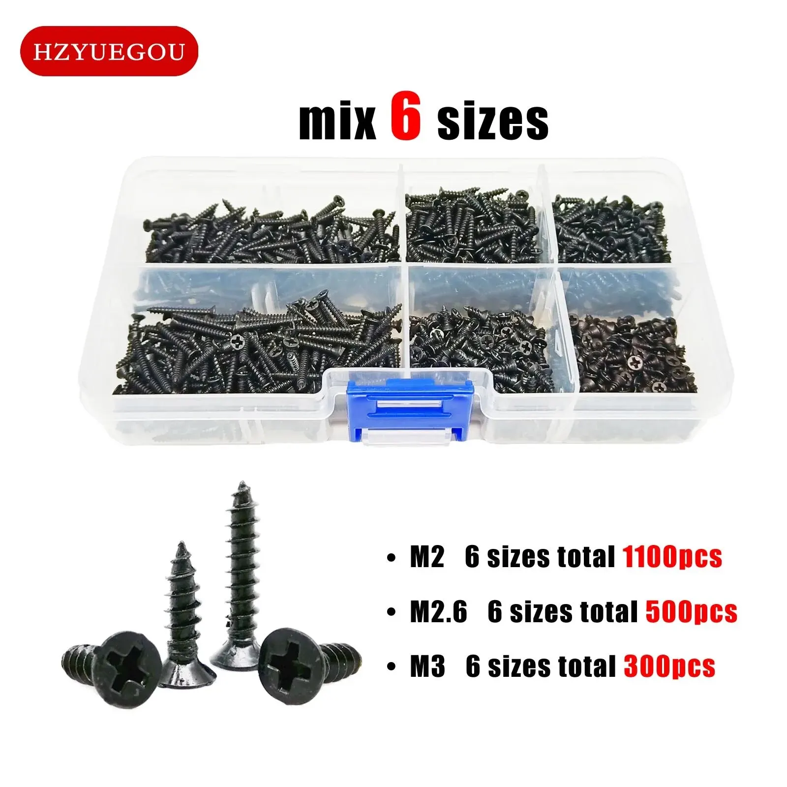 300/500/1100pcs Cross Phillips Flat Countersunk Head Self Tapping Wood Screw Mix M2 M2.6 M3 Assortment Set Kit Box Black Steel