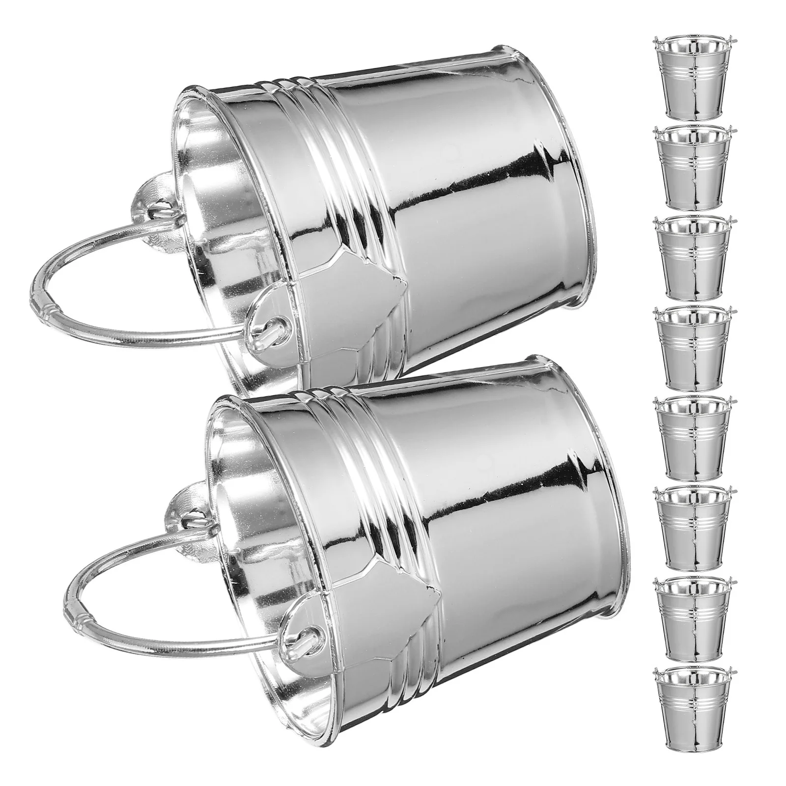 10Pcs Mini Buckets Silver Plastic Pails Small Kitchen Utensils Pretend Play Cooking Set Party Buckets with Handles