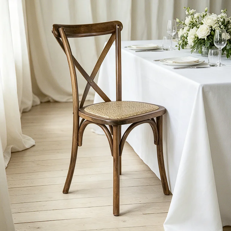 European Wedding Furniture Romantic Custom Wood Color Cross Back Stackable Banquet Wedding Chairs for Wedding Reception Venue