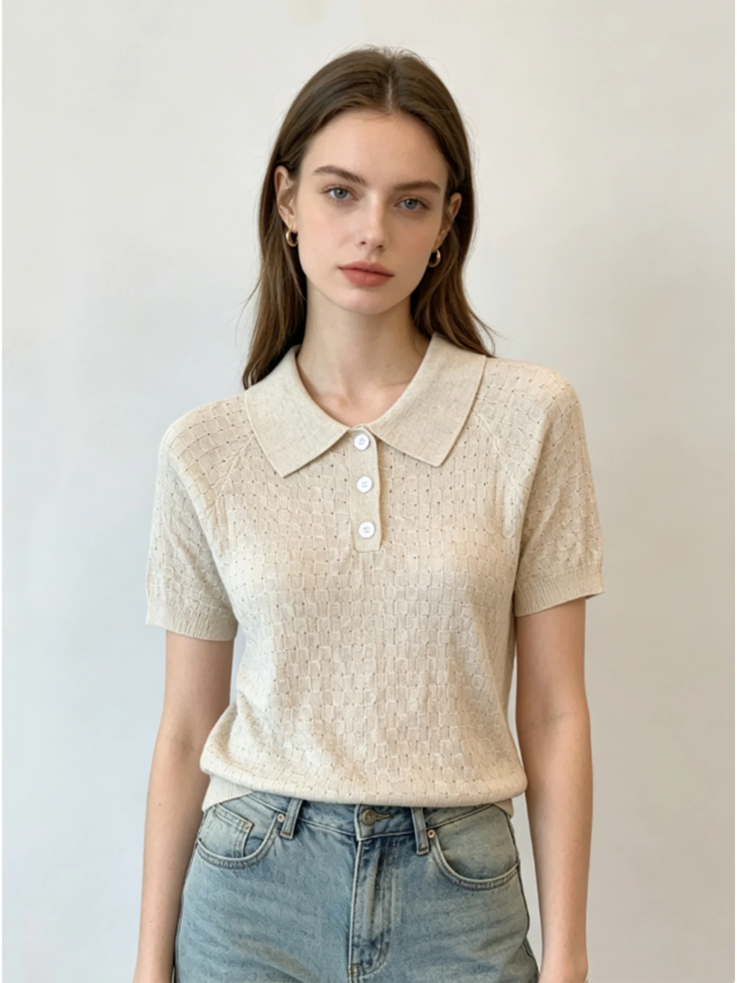 Women Grey Polo T-Shirt Knit Short Sleeve Wool Knit T-shirt Korean Style Elegant Vintage Y2K Gyaru T-Shirt for Women Summer 2026