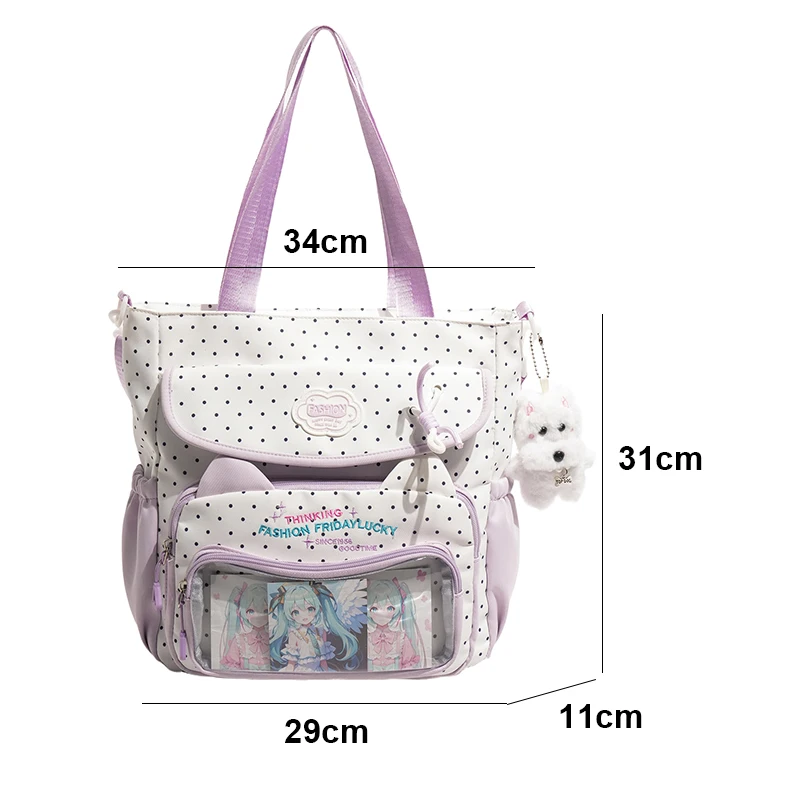 Tas Tangan Kawaii Polka Dot Ita Tote Tas Sekolah Saku Transparan Gaya Preppy Baru Tas Bahu Lucu Kapasitas Besar untuk Remaja Perempuan