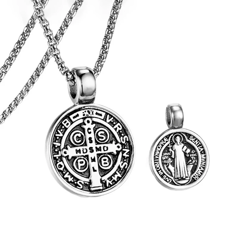 Colar de aço inoxidável com medalha de São Benito, colar masculino e feminino com pingente da Virgem Maria espiritual para homens