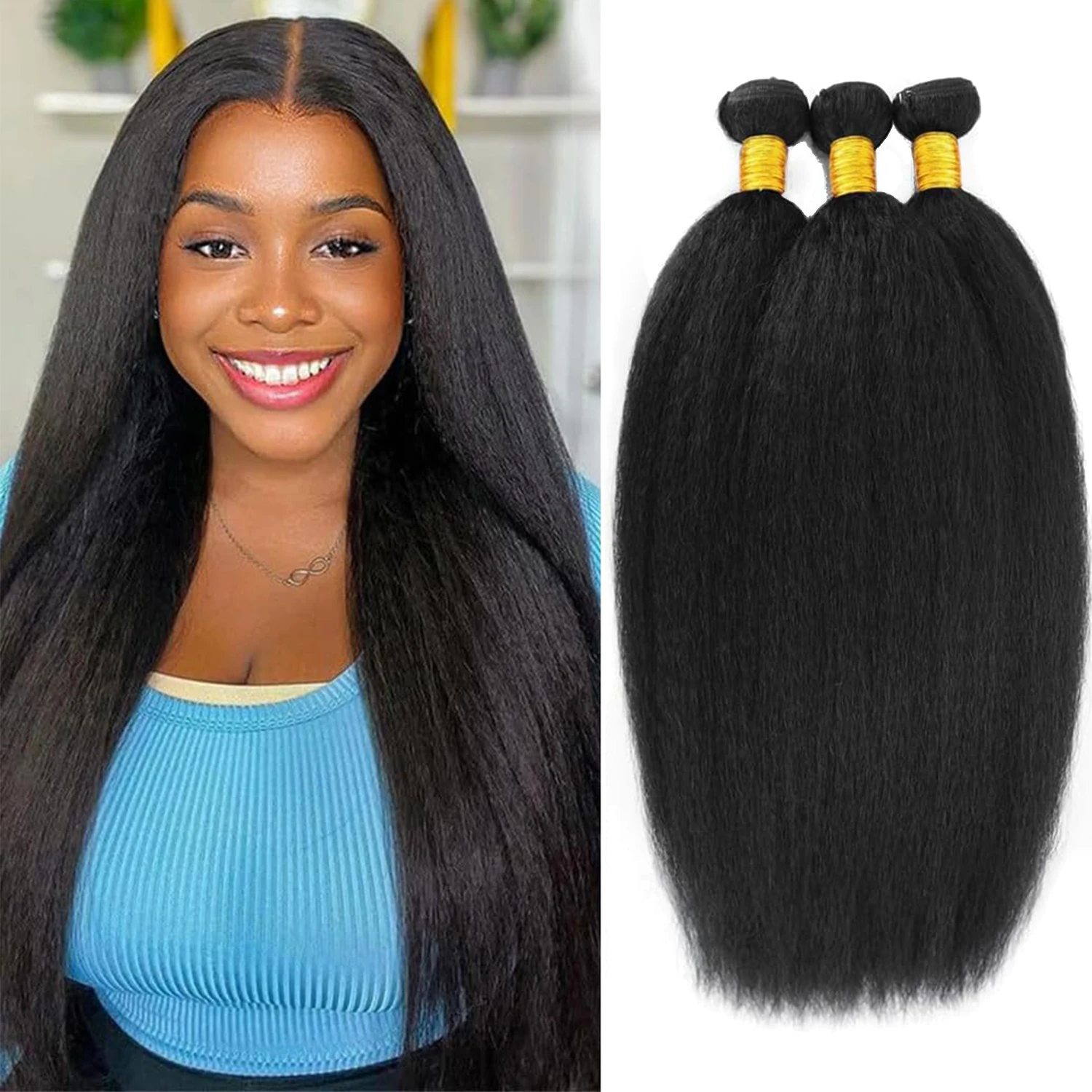 14/16/18/22 inch Kinky Straight Bundles Yaki StraightFor Black Women Natural Black Color synthetic