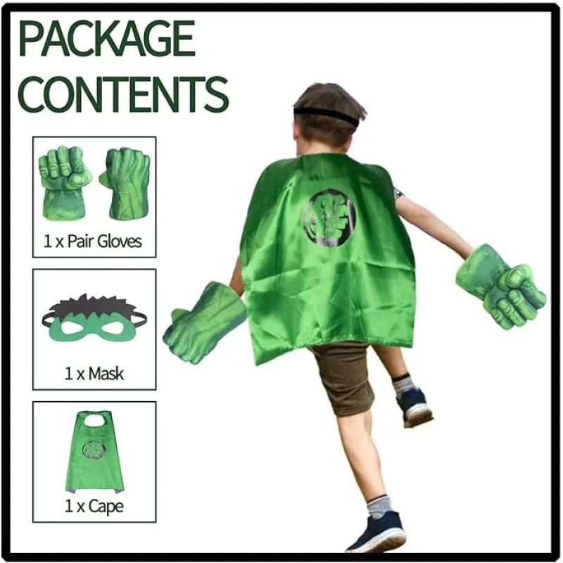 Hulk Cloak Cape Plush Hands Fists Costume with Green Cape and Eye-Mask – Complete Set of Punching Gloves Accessories for Kids