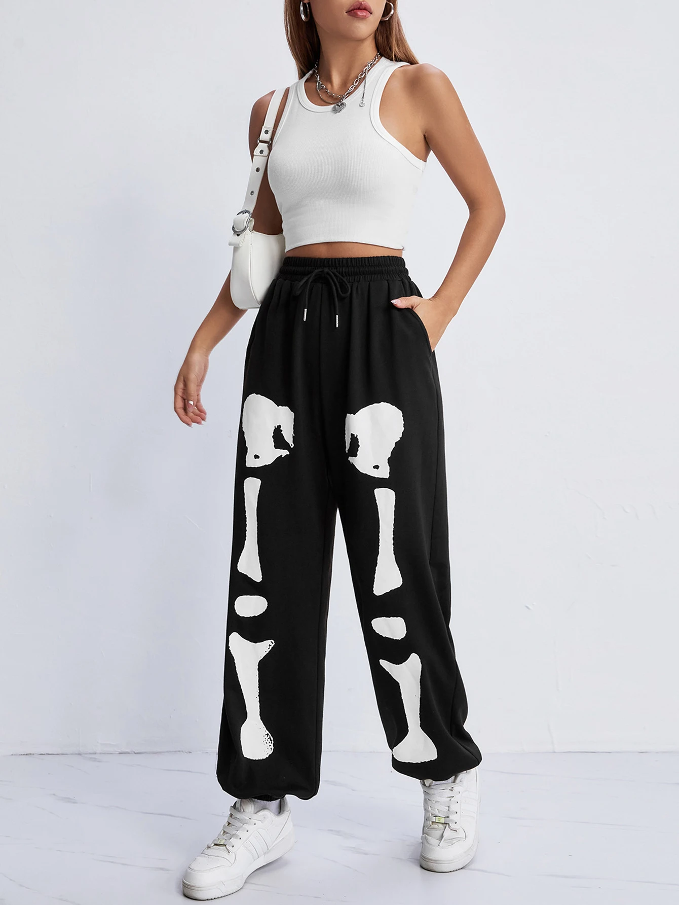 Bold Shade Mall Gothic Skeleton Graphic Sweatpants Halloween Grunge Punk Casual Women Pants High Waist Shirring Autumn Bottoms