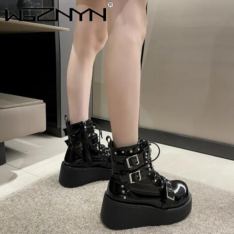 2024 Damskie buty na koturnie i wysokim obcasie Metal Decor Buckle Punk Platform Women Boots Party Gothic Street Woman Shoes Knight Boots