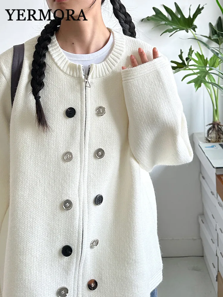 YERMORA Beige Thick Big Szie Knitting Cardigan Sweater O-neck Long Sleeve Loose Fit Windbreaker Fashion Tide Spring Autumn 2024