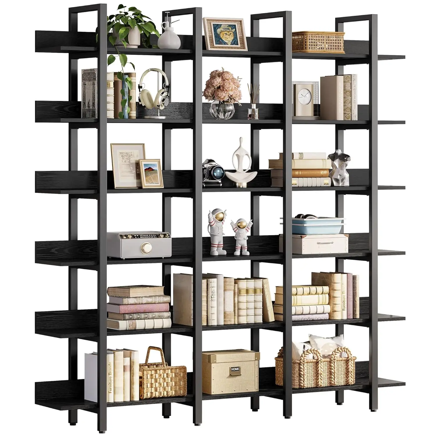 Triple Wide Bookshelf 6 Tiers with Back Fence Large Open Etagere Shelf Home Office Easy Assembly, Customized