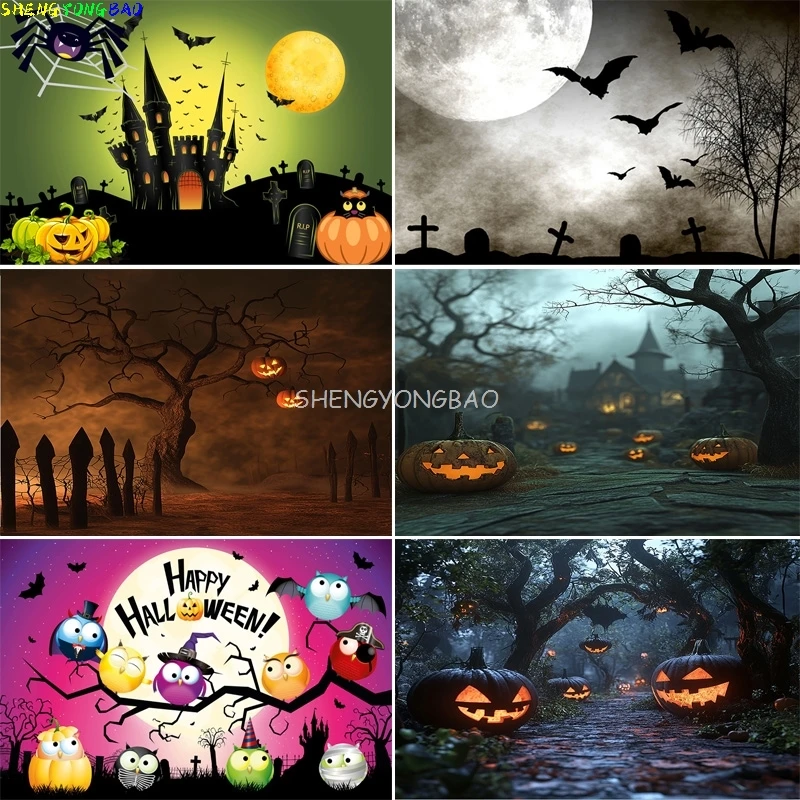 

Pumpkins Halloween Day Spooky Backdrop Props Lanterns Cobwebs Creepy Wicked Eerie Evil Scary Dark Night Forest Background VC-03