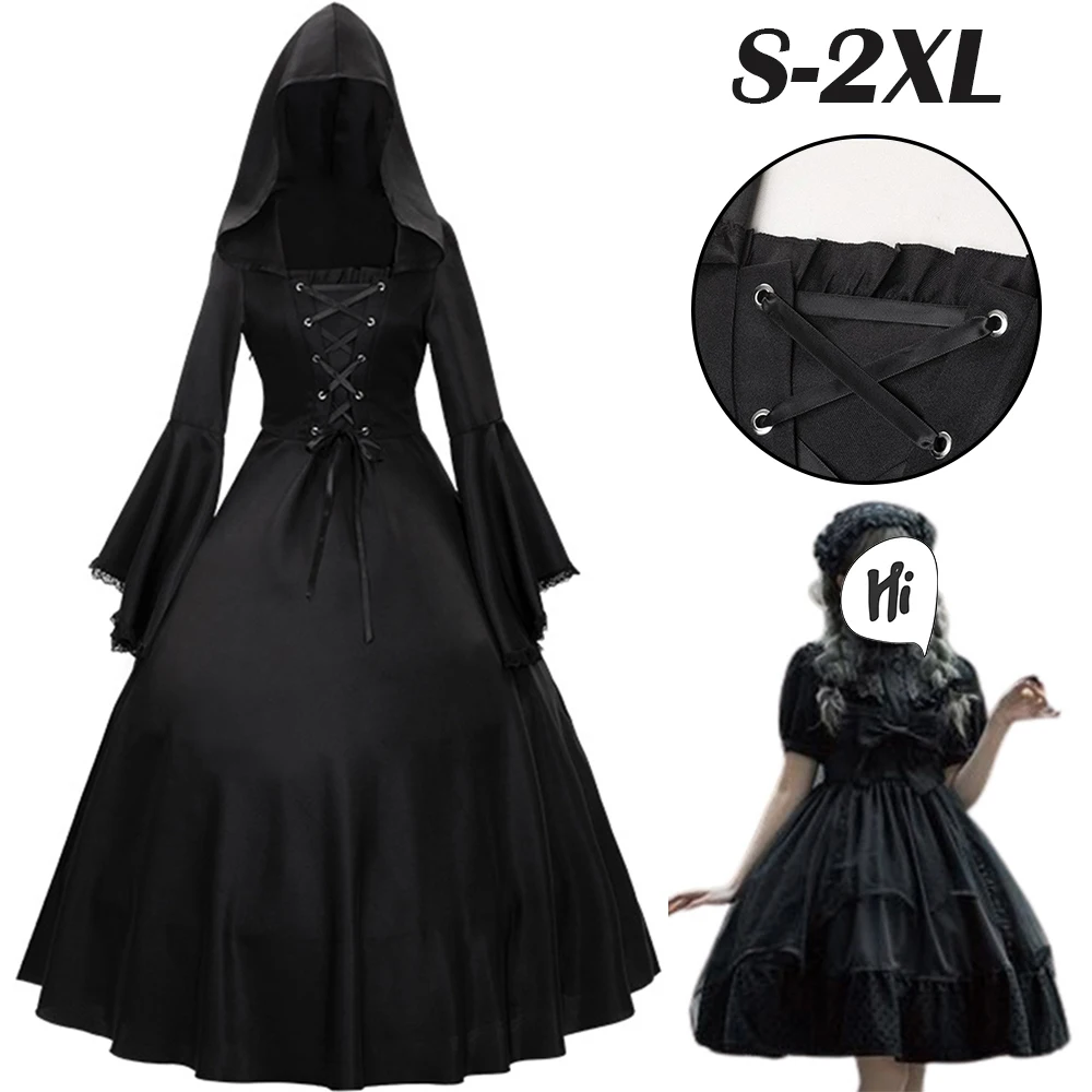 

Women Long Sleeve Cloak Medieval Retro Dress Lace Up Gothic Dresses Halloween Party Hooded Witch Dress Ball Gown Cosplay Costume