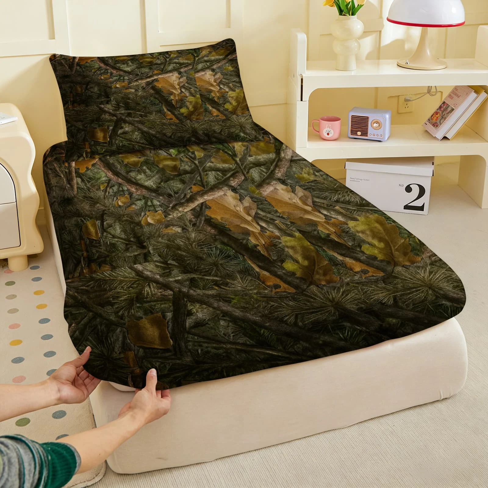 1pc Realistic Forest Camouflage Print Fitted Sheet Deep Pocket Elastic Mattress Cover Single Double Queen King Bedroom Decor