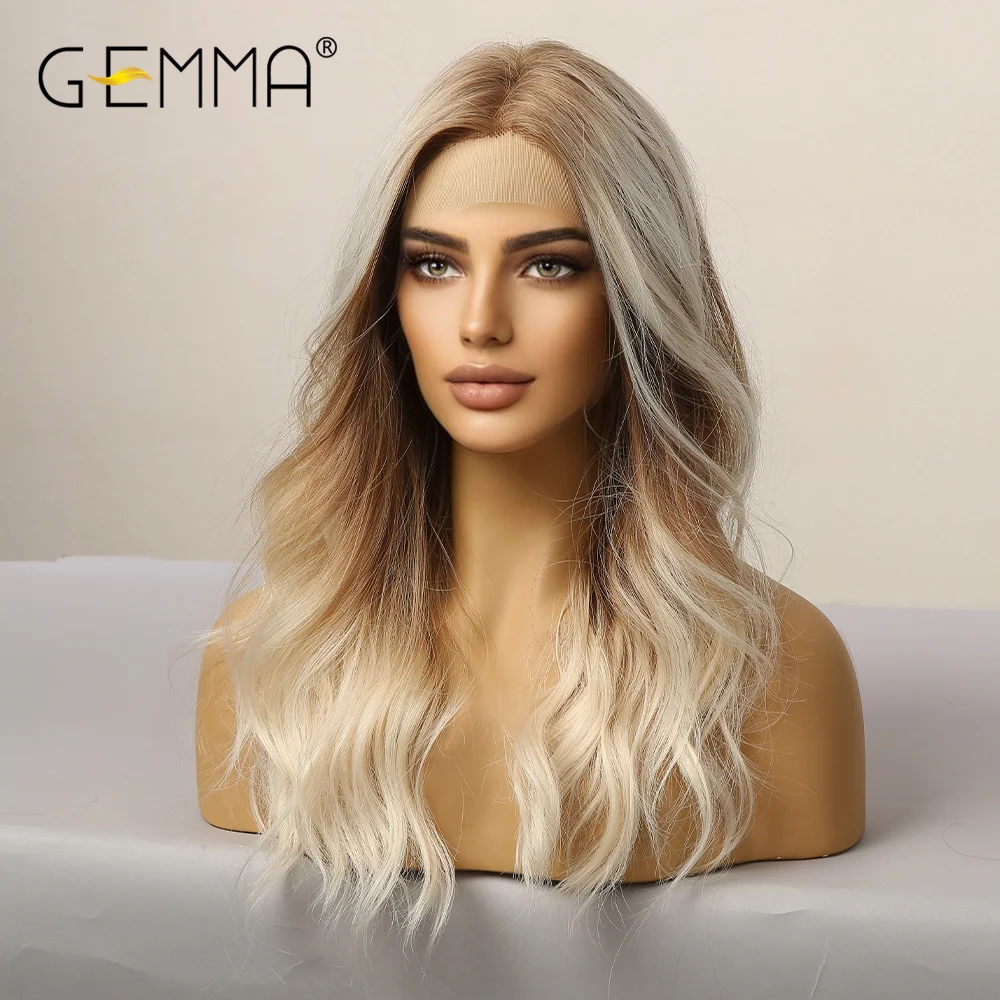 GEMMA Long Wavy Omber Brown Blonde Lace Front Wigs for Women Middle Part Lace Synthetic Wig Heat Resistant Cosplay Daily Hair