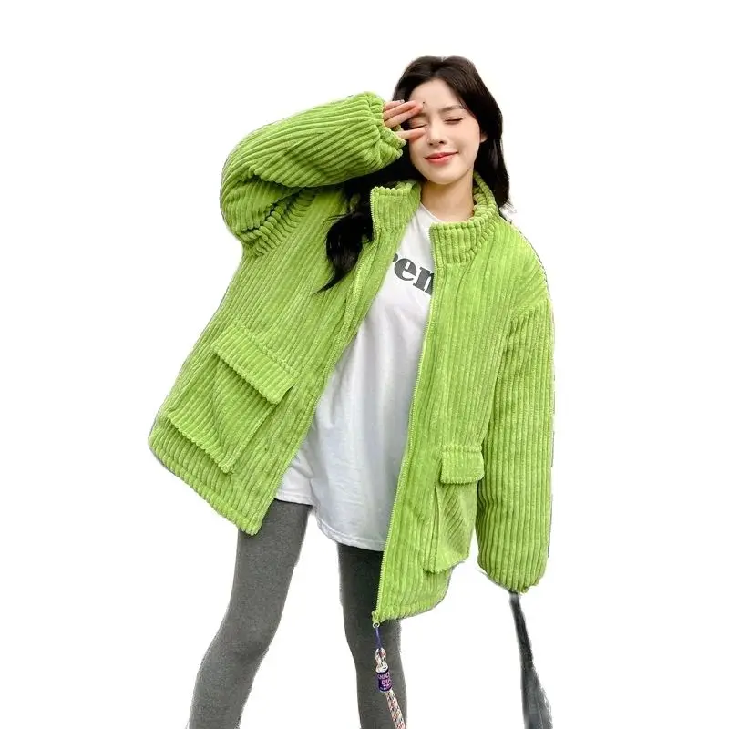 

Fashion Green Corduroy Cotton Jacket New 2023 Women Student Winter Coat Parka Korean Loose Thicken Down Cotton Outerwear Female