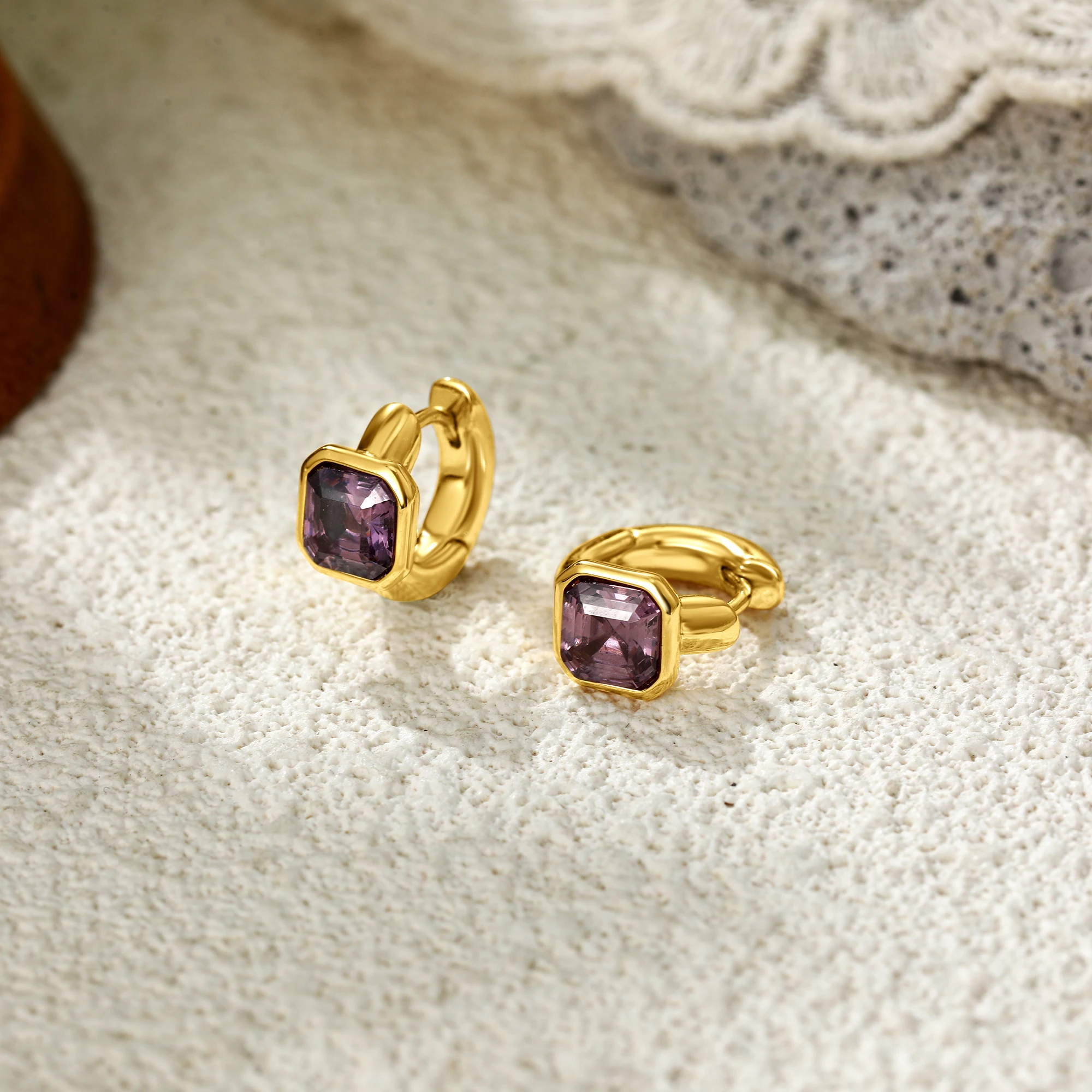 Fashion Purple Green Square Zircon Hoop Earring Gold Color Minimalist Stainless Steel Round Jewelry for Daily Wear Female Gifts