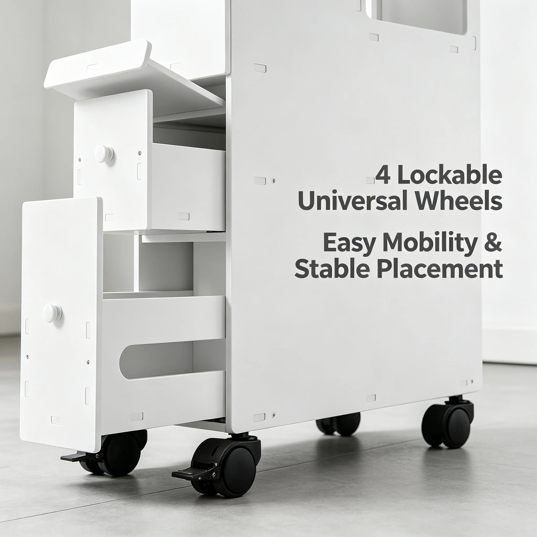 Bathroom Storage Cabinet Narrow Floor Standing, PVC Tall Slim Organizer with Drawers & Toilet Paper Holder, 4 Wheels with Brakes for Bathroom Laundry Kitchen, White