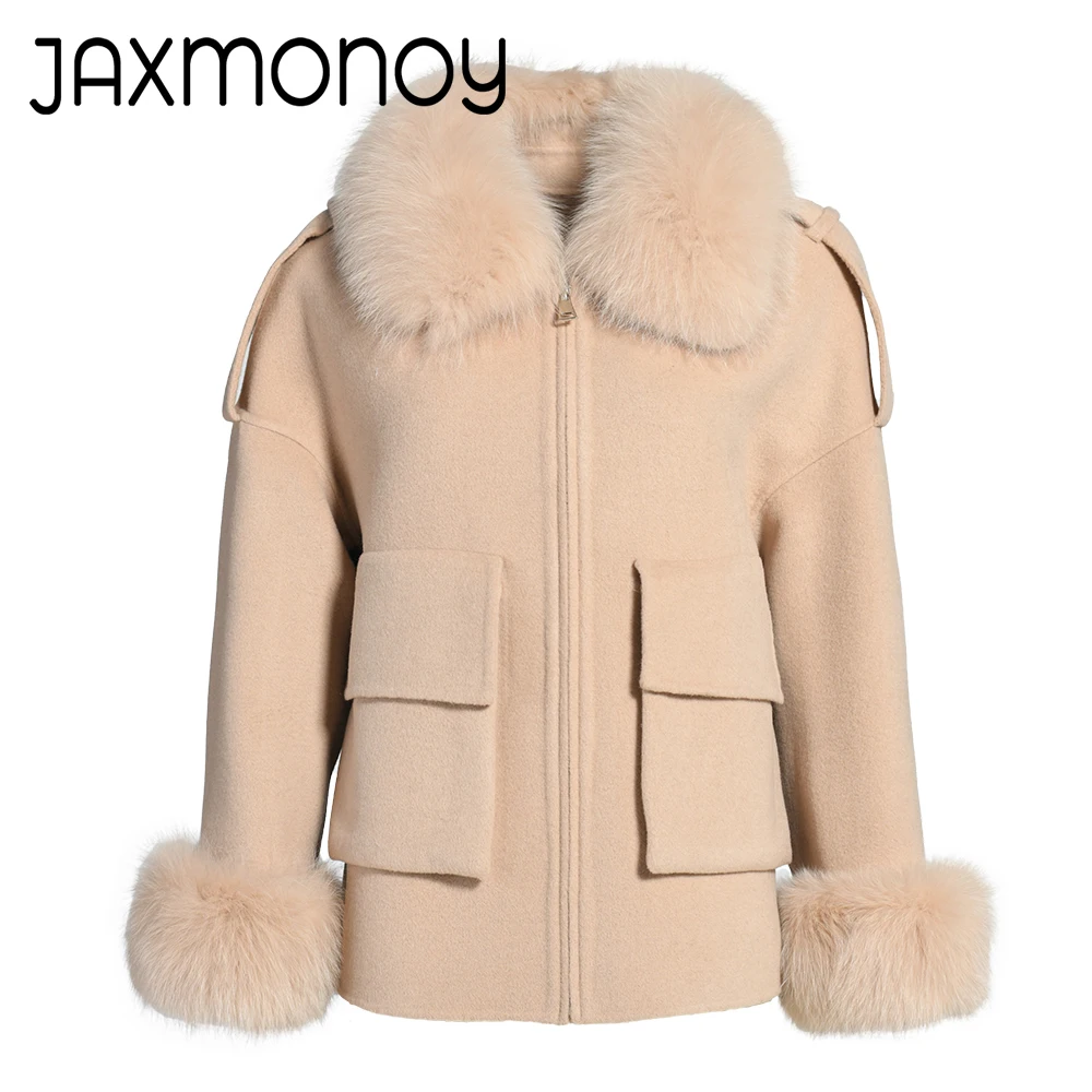 معطف صوف نسائي من Jaxmonoy مع ياقة من فرو الثعلب الحقيقي وأصفاد للسيدات من صوف الكشمير سترة مزيج ربيع الخريف معاطف صوف مزدوجة الوجه