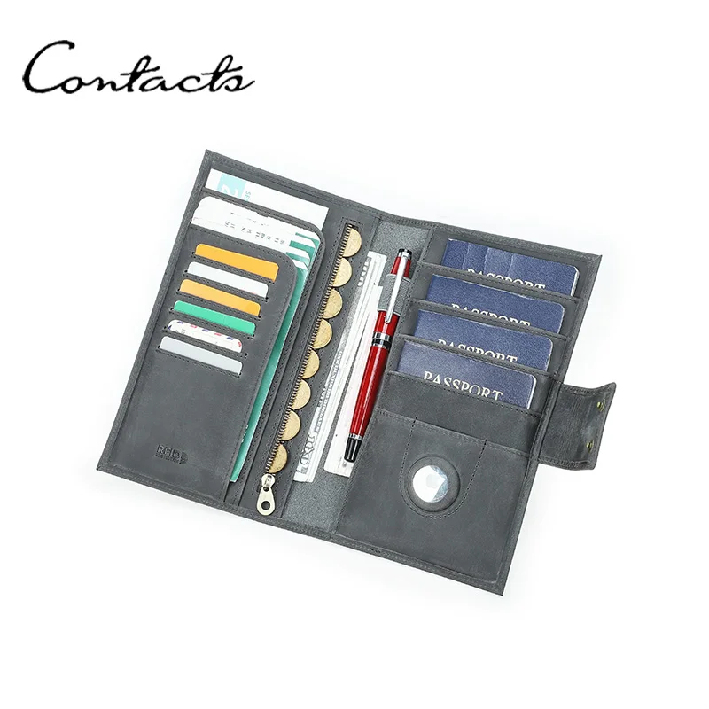 

CONTACT'S Genuine Leather Passport Wallet Men Card Pen Holder Anti Losing Slot Money Bag Male Vocation Travel Gift Coin Purse