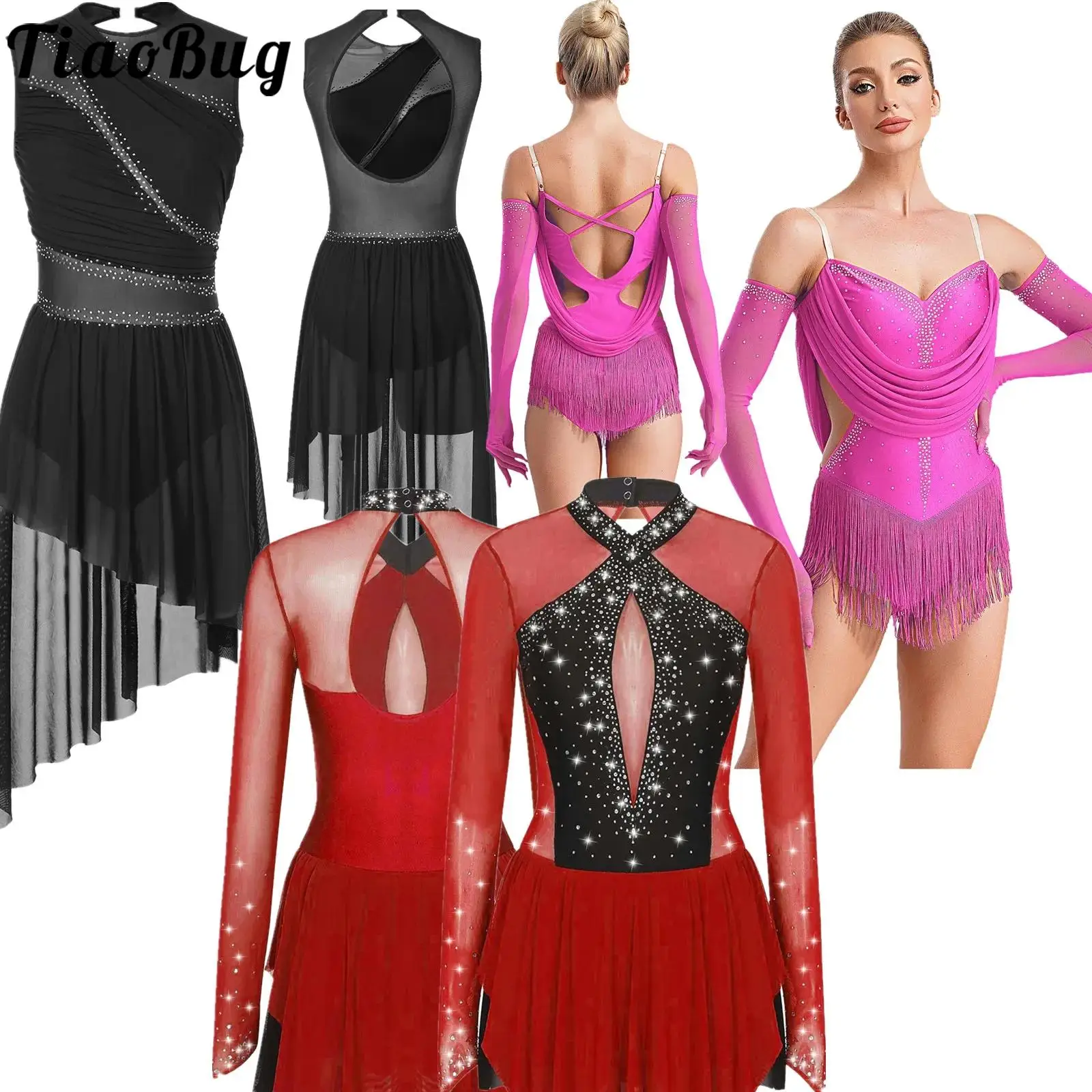 المرأة شرابة الجاز اللاتينية ملابس رقص الجمباز فستان لامع الراين مهدب ارتداءها الشكل التزلج الحديثة ملابس الرقص الغنائية