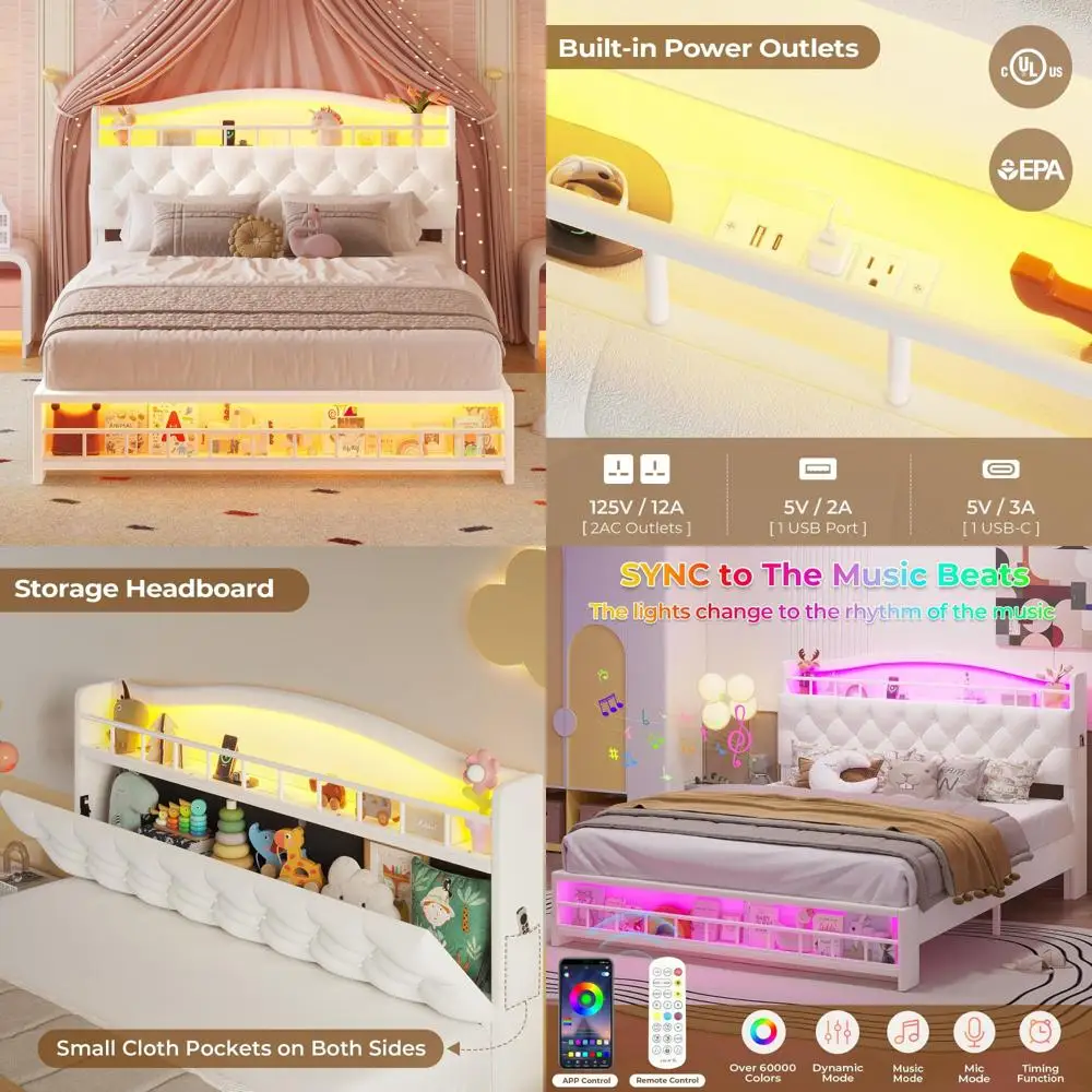 

Queen Bed Frame with LED Lights, Princess Velvet Upholstered Platform Bed for Girls, Headboard with Charging Station & Guardrail