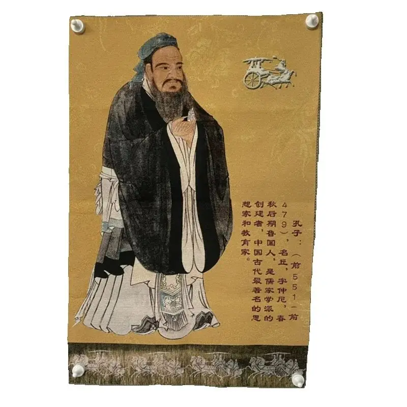 Chinese Antique Silk Brocade Tangka Painting Embroidery Wall Art Confucius Statue Buddhist Style Home Decor