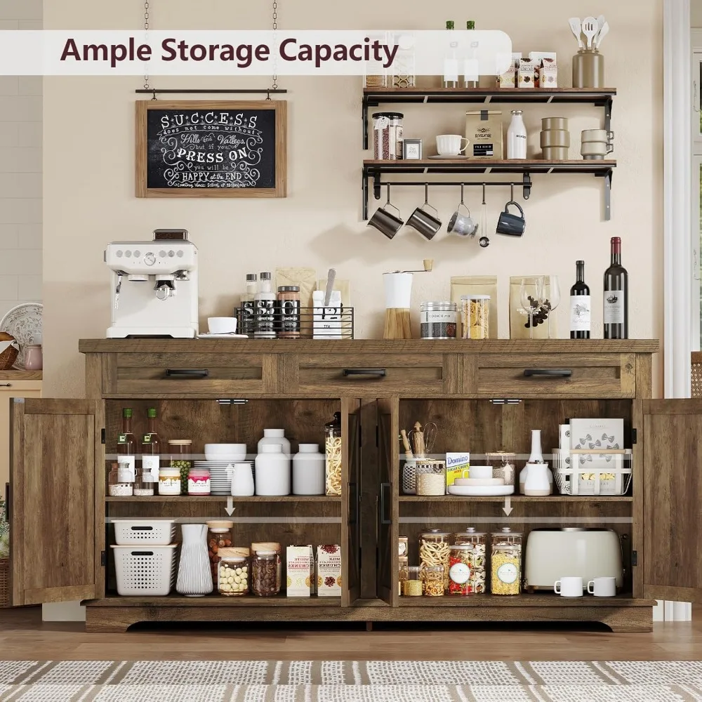 63" Large Buffet Cabinet with 4 Doors and 3 Drawers, Farmhouse Buffet Sideboard Cabinet with Storage, Coffee Bar Wine Bar for L