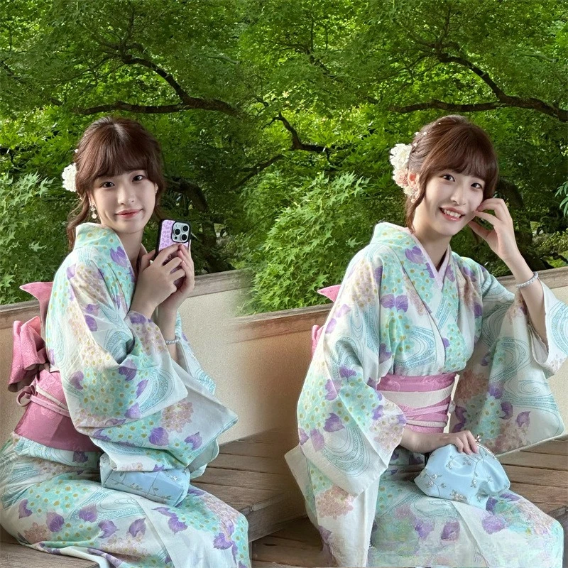 Women's Modified Japanese Style Light Blue Yukata Robe Kimono,  Suitable for Summer Festival and Cat Cafe Gathering Outfits