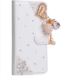 Bling Diamond Rhinestone Flower Case for iPhone 11 12 13 14 15 16 Pro Max XR XS 7 Case White Leather Magnetic Flip Wallet Cover