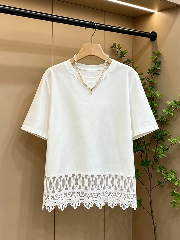 plus Size Women's T-Shirt Hollow out Lace Splice Summer Design Sensation Slimming Top Cover up Breathable Skin-Friendly