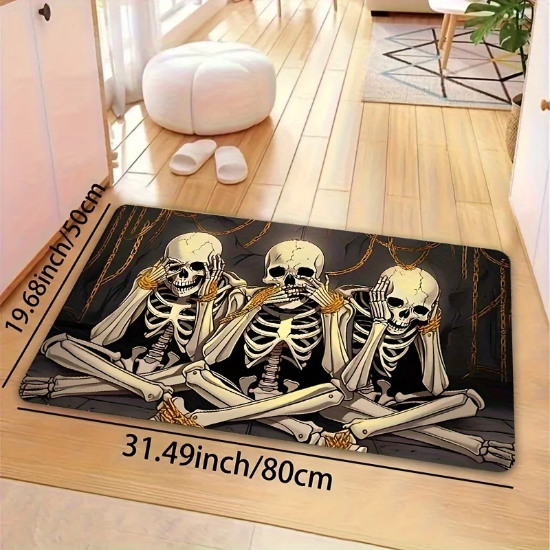 Newest Doormat Three Skeleton See No Evil Hear No Evil Speak No Evil Print Flannel Doormat Non Slip Gothic Floor Mat