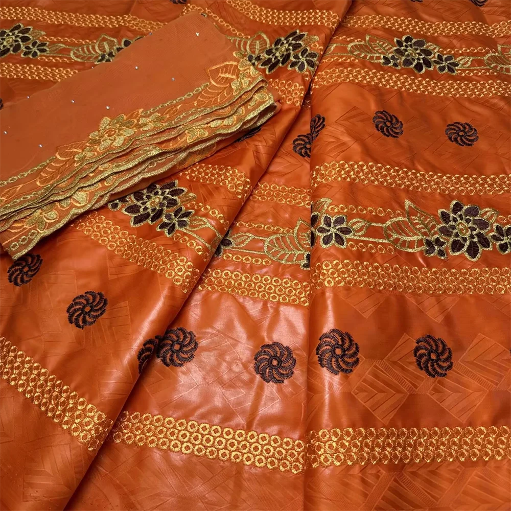 

5+2 Yards Fragrance Bazin Riche Fabric Good Quality 100% Cotton Guinea Brocade Garment Fabric Orange Africa Fabric Sewing Robe