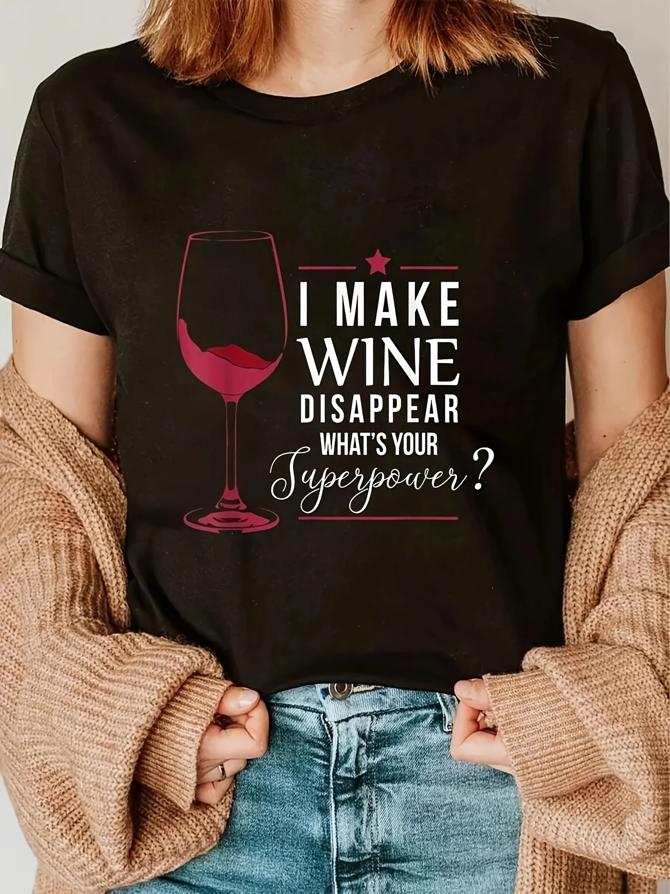 

Women's Short Sleeve T-shirt I MAKE WINE DISAPPEAR WHAT'S YOUR Superpower Letter Print Crew Neck Casual Top For Summer & Spring
