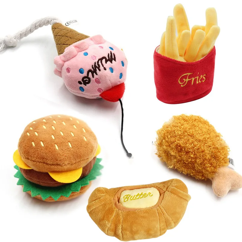 

Hamburger Plush Soft Stuffed Dog ToysSqueaky French Fries Shape Chew Bite Resistant Toy For Dogs Pet Toys Accessories