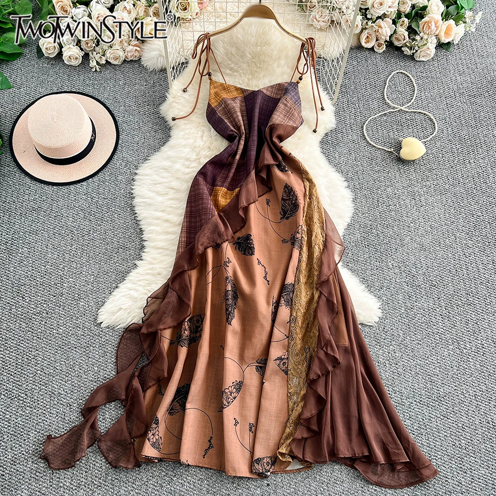 

TWOTWINSTYLE Vintage Slimming Hit Color Dresses For Women Square Collar Sleeveless High Waist Folds Dress Female New KDR543966