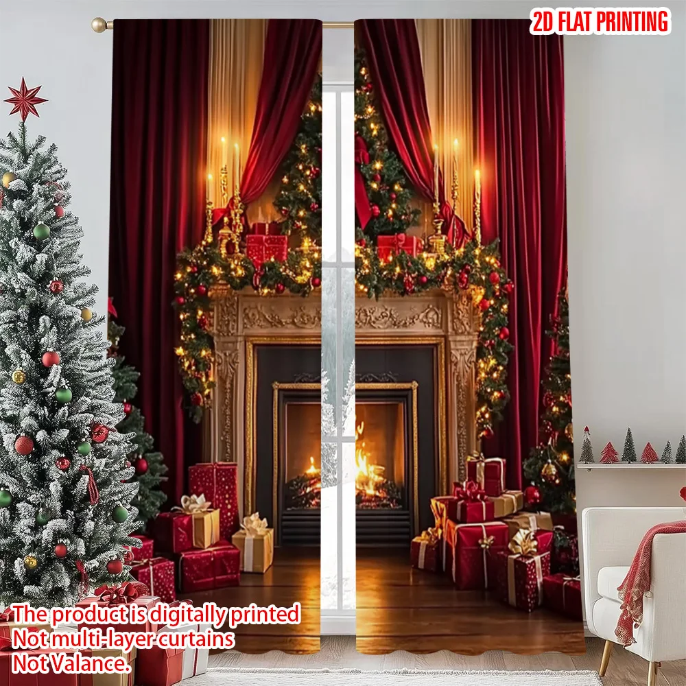 

2pcs 2D flat printing Merry Christmas Popular Curtain Christmas fireplace1 Versatile 100% Polyester Without Electricity Spring