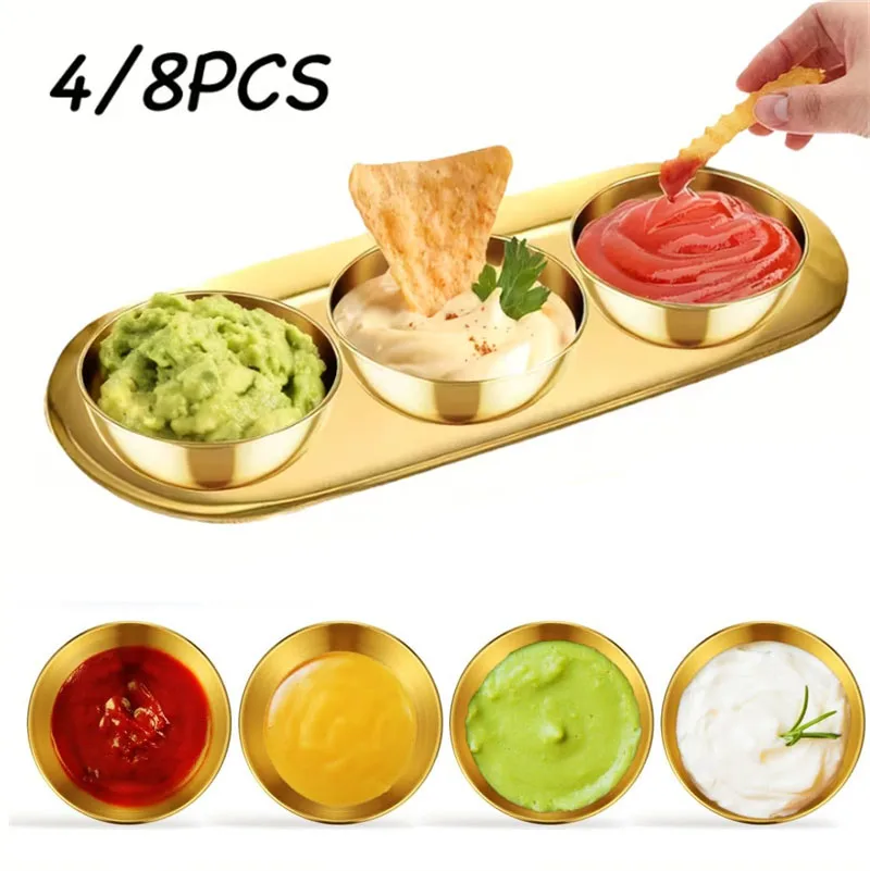 4/8-teiliges goldenes Saucenschalen- und ovales Serviertablett-Set aus Edelstahl, Dessertteller, Gewürzschale, Sushi-Dipschale, Serviertablett