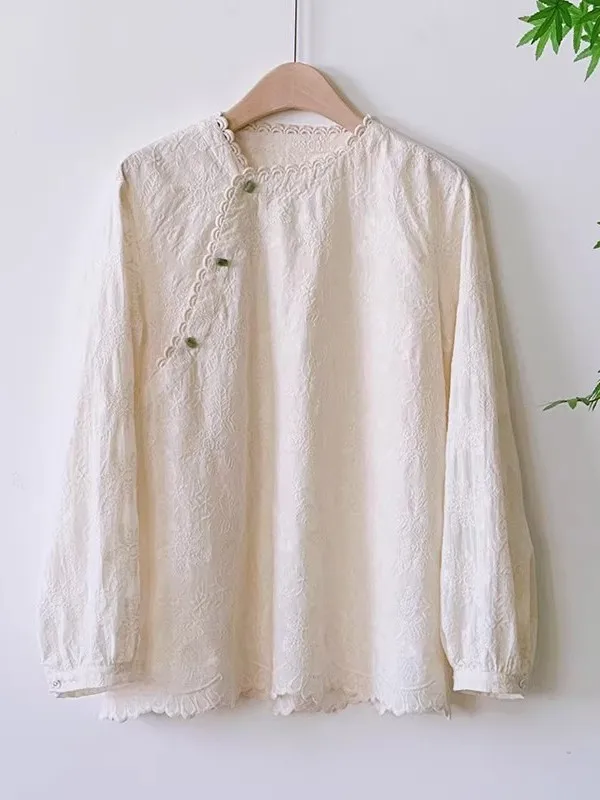 

Spring Artistic Embroidered Ruffle Svel Casual Long Sve Large Size Women's irt Versatile Tea Ceremony Loose Top