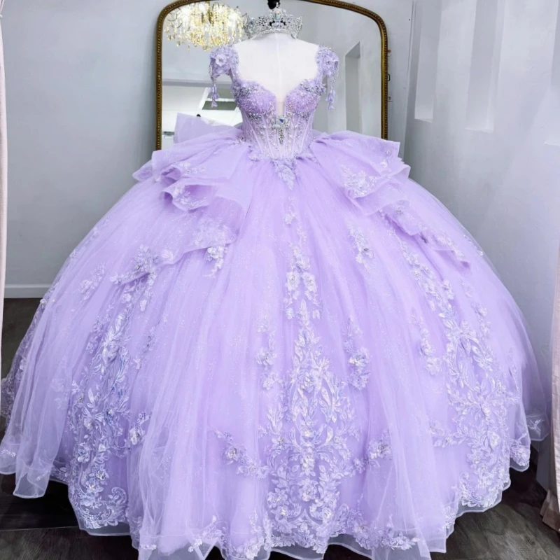

Светло-лавандовое блестящее платье Quinceanera с открытыми плечами и аппликацией из кружева и бусин, тюлевое платье для вечеринки, дня рождения, сладкое платье 16, Vestidos 15 De