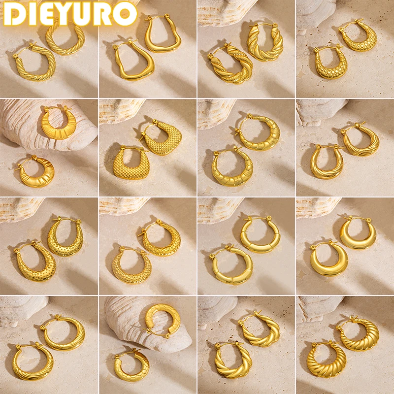 DIEYURO 316L Stainless Steel Golden Half Round Hollow Pattern Earrings For Women New Fashion Ear Studs Jewelry Glamorous Gift